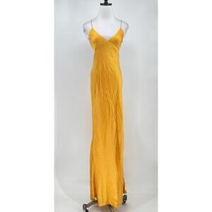 The Sei Yellow Gold Satin Silk V Neck Strappy Long Maxi Slip Dress Sz 10